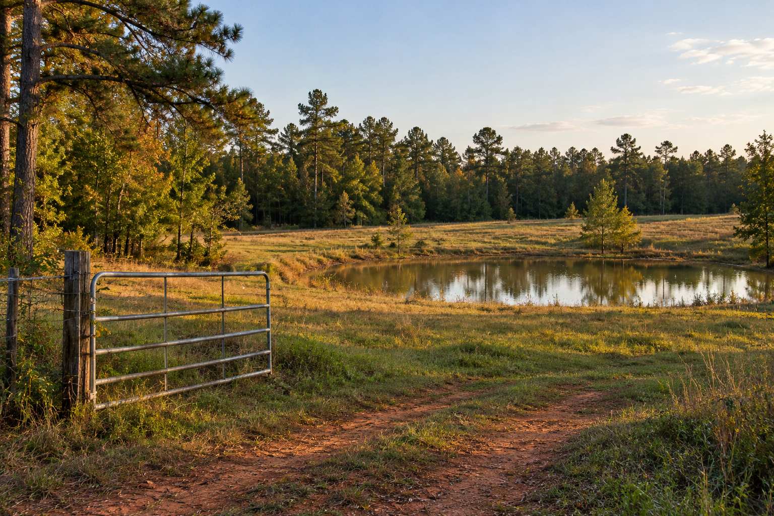 A small East Texas tract with a stock pond, pipe gate and pine tree line