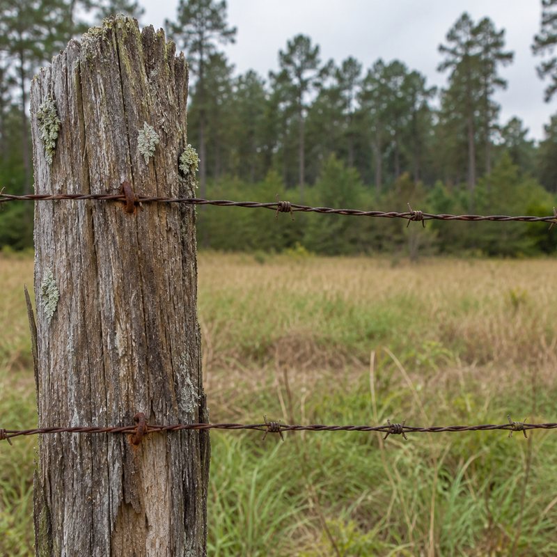 Barbed-wire fence post at the edge of a pine-bordered pasture